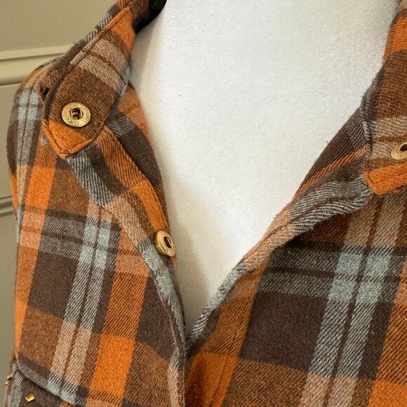 Entro Size S Flannel Snap-front Orange Brown Blue Plaid T21945 Studded Pockets - Picture 3 of 6